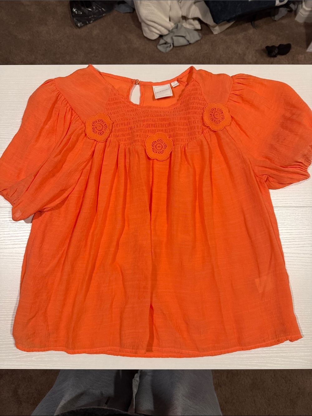 Zac & Rachel Orange Floral Crochet Yoke Puff Sleeve Top